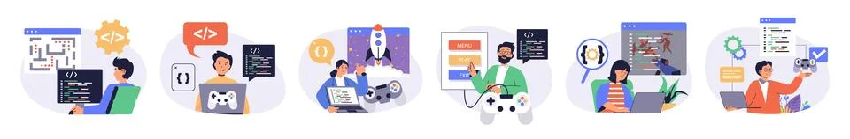 Video game developer concept set with characters in flat design for web. Peop Stockillustratie