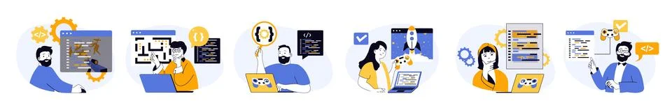 Video game developer concept set in flat web design. Collection with people p Stockillustratie