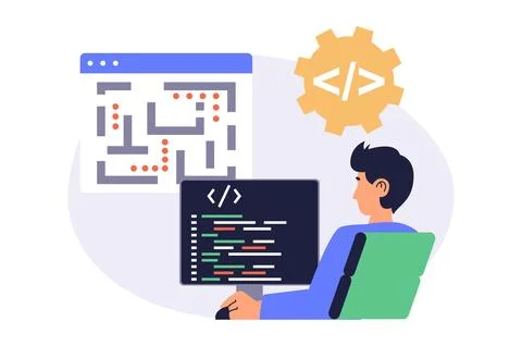 Video game developer web concept with flat cartoon people for website desig.. 스톡 일러스트