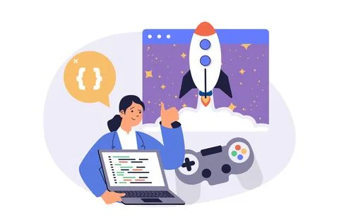 Video game developer web concept with flat cartoon people for website desig.. イラスト素材