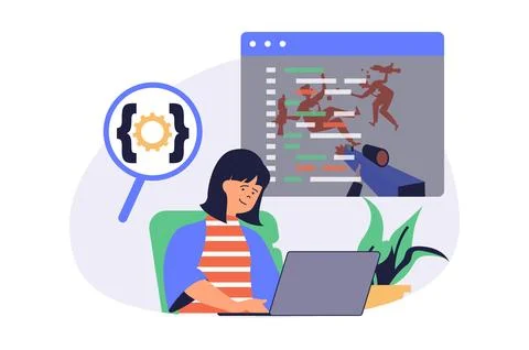 Video game developer web concept with flat cartoon people for website desig.. 스톡 일러스트