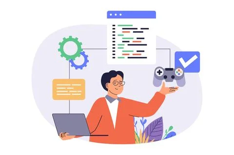 Video game developer web concept with flat cartoon people for website desig.. 스톡 일러스트