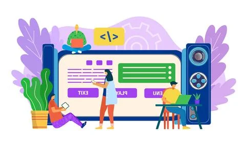 Video game developer, work at mobile app interface technology vector Illustrazione stock