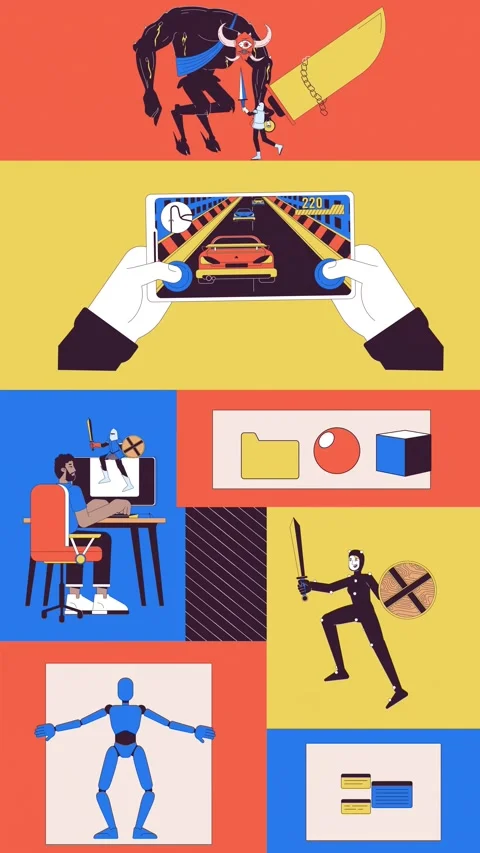 Video game development and digital play bento grid vertical animation Stock Footage 320240410
