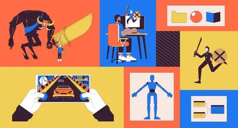 Video game development bento grid illustration set Illustrazione stock