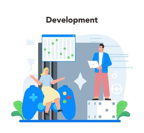 Video game development concept. Creative process of a computer game Illustrazione stock