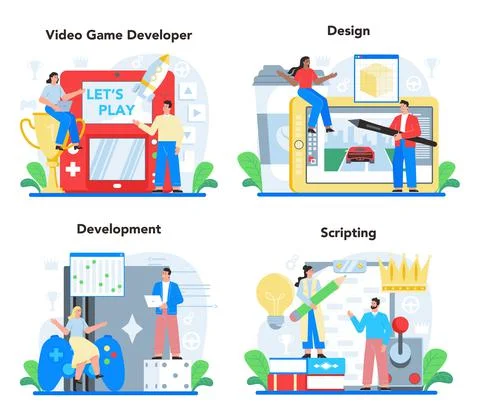 Video game development concept set. Creative process of a computer game Stock Illustration
