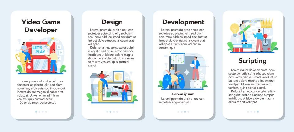 Video game development mobile application banner set. Creative process Illustrazione stock