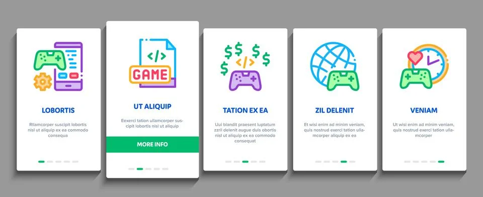 Video Game Development Onboarding Elements Icons Set Vector 库存插图