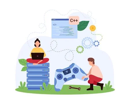 Video game development, online software gamification, tiny people develop design イラスト素材