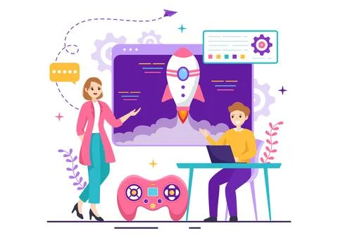 Video Game Development Vector Illustration with Games, Digital Technology, .. Stock Illustration
