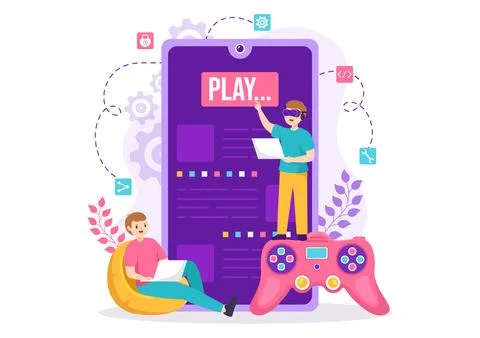 Video Game Development Vector Illustration with Games, Digital Technology, .. Stock Illustration