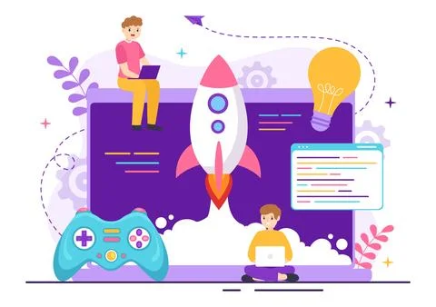 Video Game Development Vector Illustration with Games, Digital Technology, .. Illustrazione stock