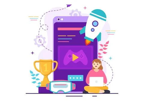 Video Game Development Vector Illustration with Games, Digital Technology, .. Stock Illustration