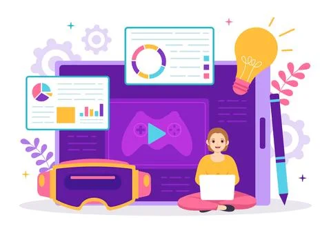 Video Game Development Vector Illustration with Games, Digital Technology, .. Illustrazione stock
