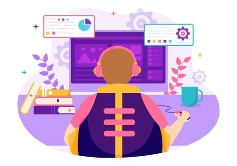 Video Game Development Vector Illustration with Games, Digital Technology, .. 스톡 일러스트