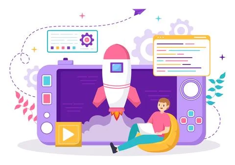 Video Game Development Vector Illustration with Games, Digital Technology, .. 스톡 일러스트