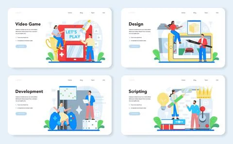 Video game development web banner or landing page set. Creative process Stock Illustration