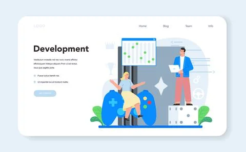 Video game development web banner or landing page. Creative process Stock Illustration