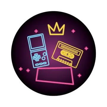 Video game handle with cassette nineties style neon light Illustration