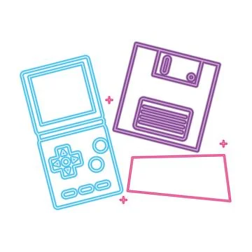 Video game handle with floppy disk nineties style neon light Illustration