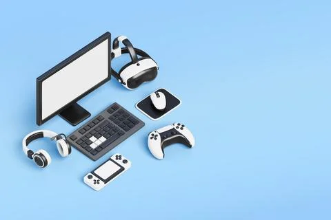 Video game isometric 3d web banner. Streamer workplace with desktop computer Stock-Illustration