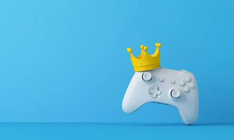 Video game king. Game controller wearing a crown. Winning gamer concept. 3D Stock Illustration