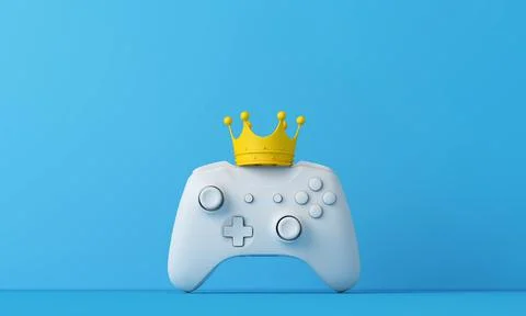 Video game king. Game controller wearing a crown. Winning gamer concept. 3D Stockillustratie
