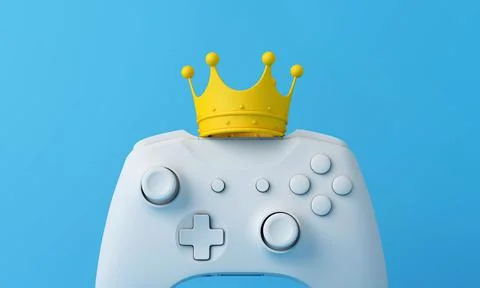 Video game king. Game controller wearing a crown. Winning gamer concept. 3D Illustrazione stock