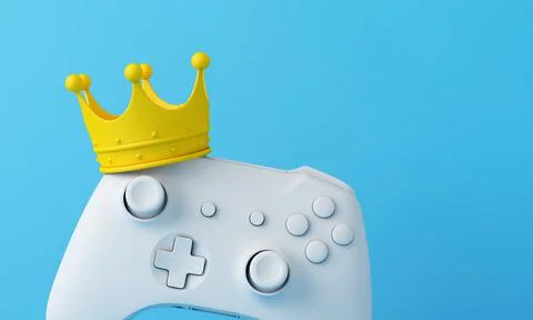 Video game king. Game controller wearing a crown. Winning gamer concept. 3D Stock Illustration