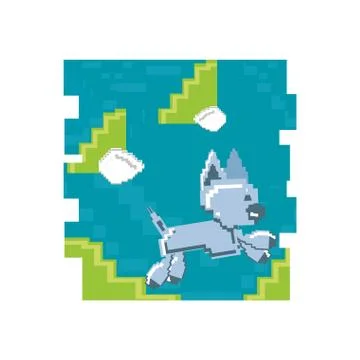 Video game pixelated robotic dog jumping Stock Illustration