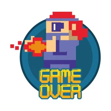 Video game pixelated warrior with game over message 스톡 일러스트