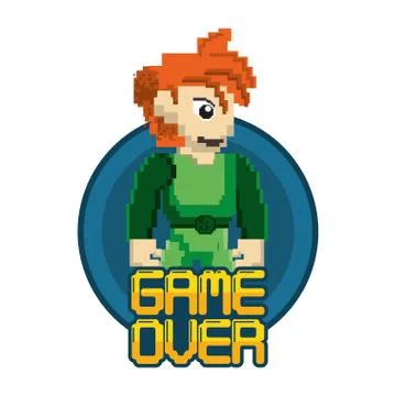 Video game pixelated warrior with game over message Illustrazione stock
