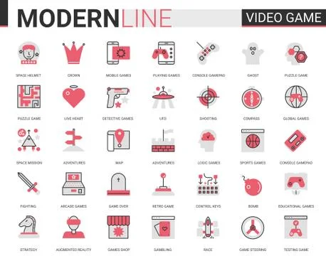 Video game red black flat line icon vector illustration set with outline Stock Illustration
