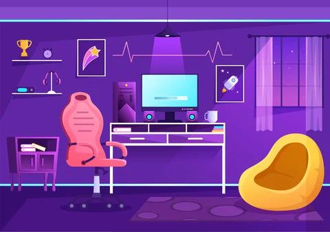 Video Game Room Interior with Android Mobile Computer and Comfortable Armchai Illustrazione stock