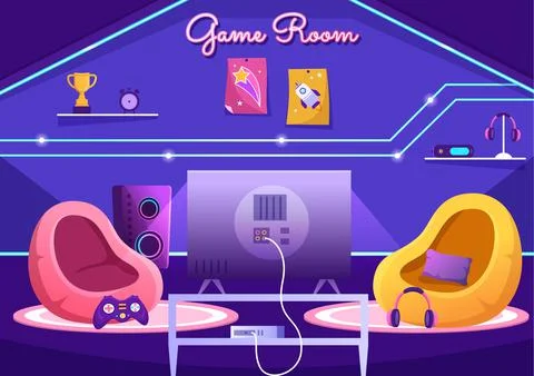 Video Game Room Interior with Android Mobile Computer and Comfortable Armchai Stock Illustration