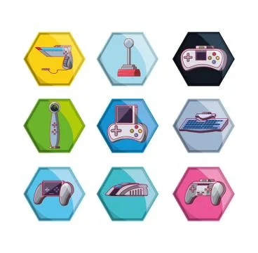Video game scene set icons Illustrazione stock