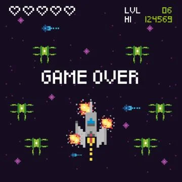 Video game space pixelated scene and game over message Stock Illustration