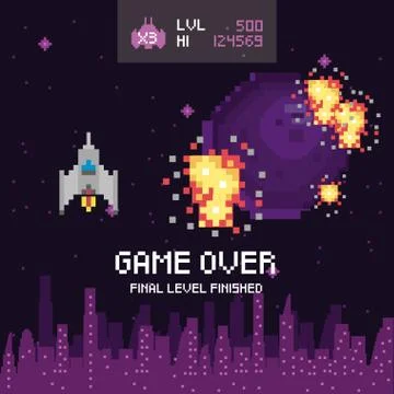 Video game space pixelated scene and game over message Stock Illustration