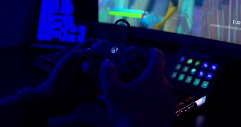 Video Game Streamer Playing Controller RGB Lights Stock Footage 170960451