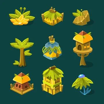 Video Game Tropical Forest Design Collection Of Elements 스톡 일러스트