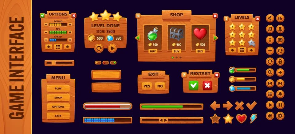 Video game ui interface buttons and level window Stock Illustration
