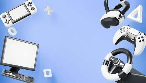 Video games 3d blue background with joystick, portable console, vr glasses Stock Illustration