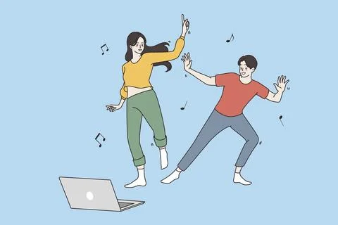 Video games and technologies concept. Young smiling Couple girl and boy cartoon Ilustração Stock