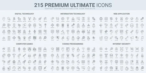 Video games, software code development, cloud technology thin black line icons Stock Illustration