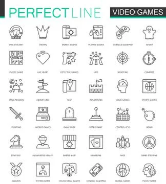 Video games thin line web icons set. Mobile game app interface Outline stroke Stock Illustration