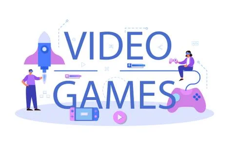 Video games typographic header. Creative process of a computer Illustrazione stock