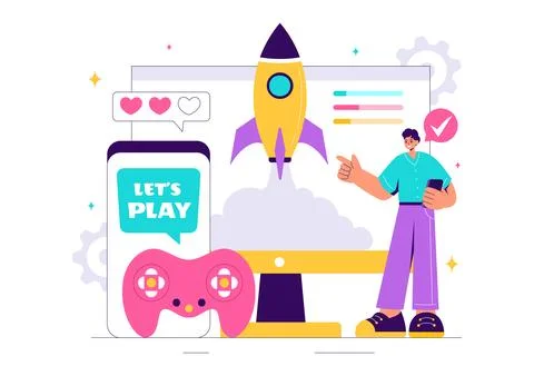 Video Games Vector Illustration with Programmers Playing Gamepad Controller.. Stock Illustration