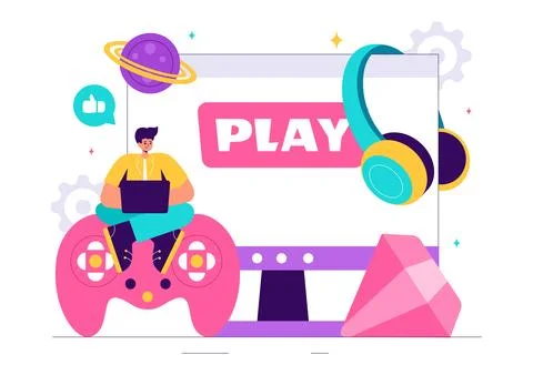 Video Games Vector Illustration with Programmers Playing Gamepad Controller.. Stock-Illustration