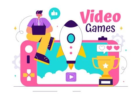 Video Games Vector Illustration with Programmers Playing Gamepad Controller.. Illustrazione stock
